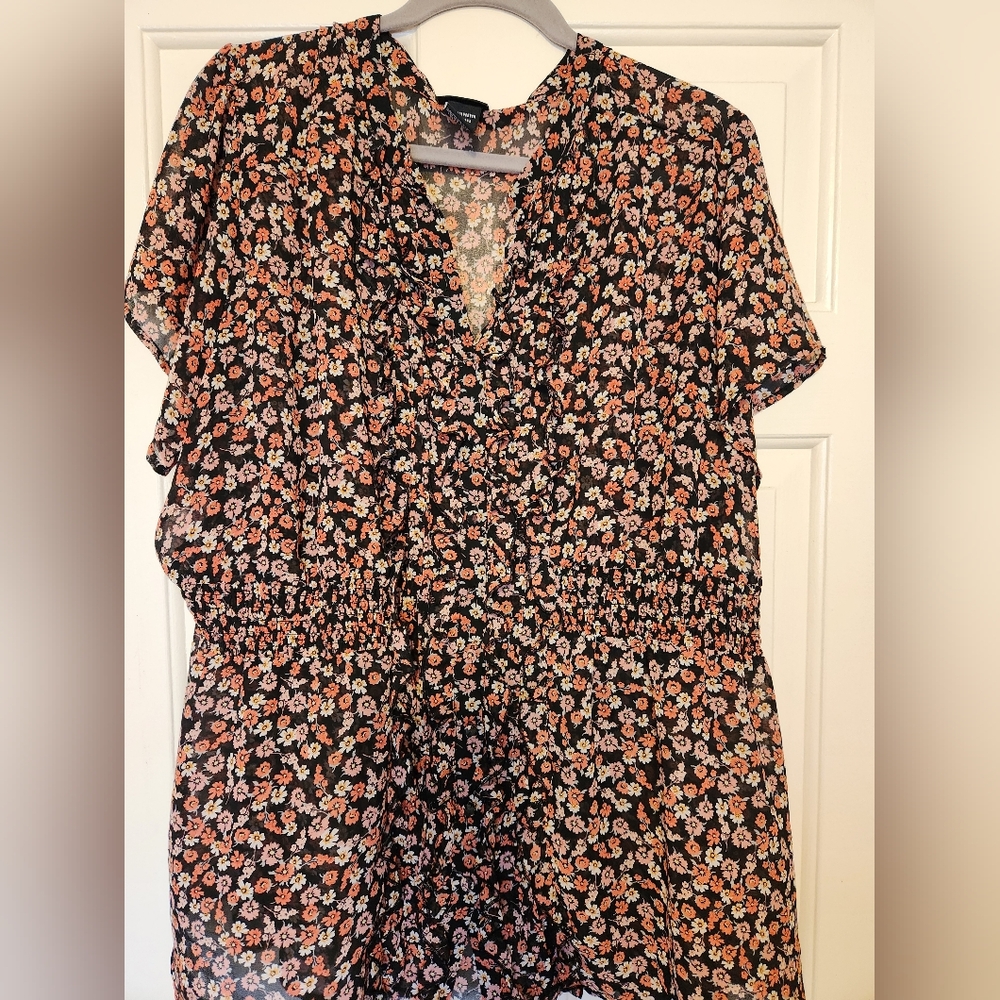 Torrid Black Floral Blouse with Pink and White Accents